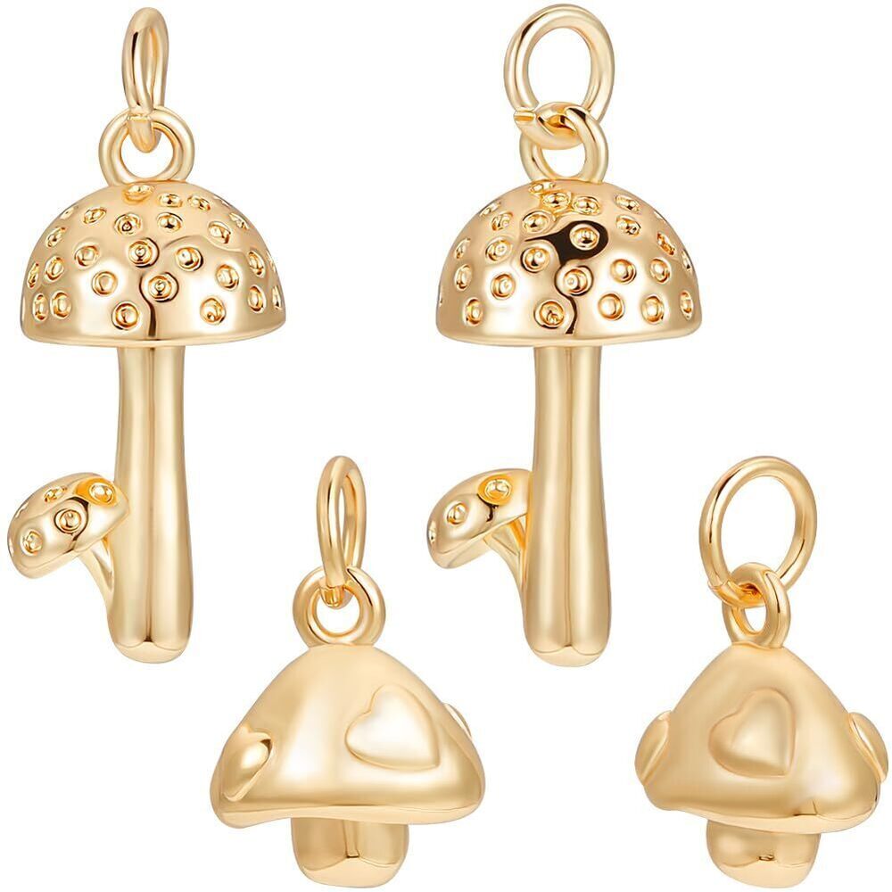 9038 1 Box 8Pcs 2 Style Mushroom Pendant Charms 18K Gold Plated Brass 3D